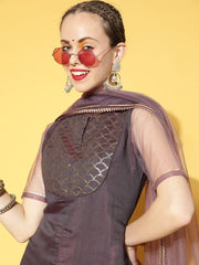 Women Mauve Yoke Design Sequinned Chanderi Cotton Kurti With Sharara & Dupatta - Inddus.com