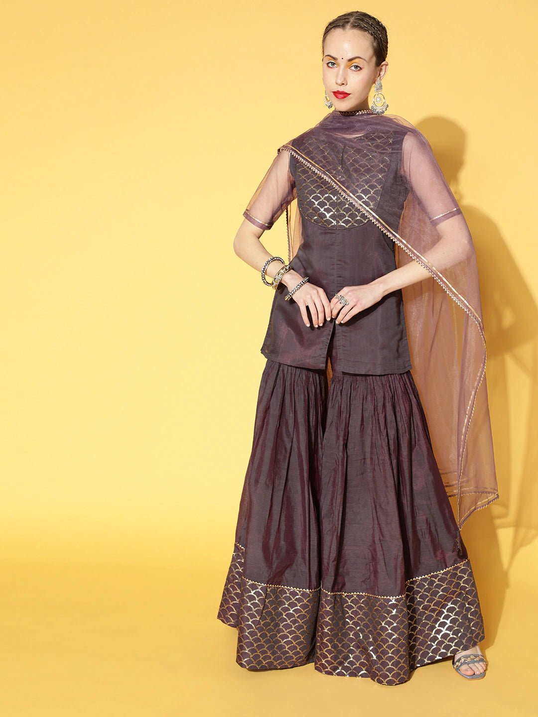 Women Mauve Yoke Design Sequinned Chanderi Cotton Kurti With Sharara & Dupatta - Inddus.com