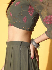 Women Mehndi Green Skirt Drape Saree with Embroidered Blouse Piece - Inddus.com