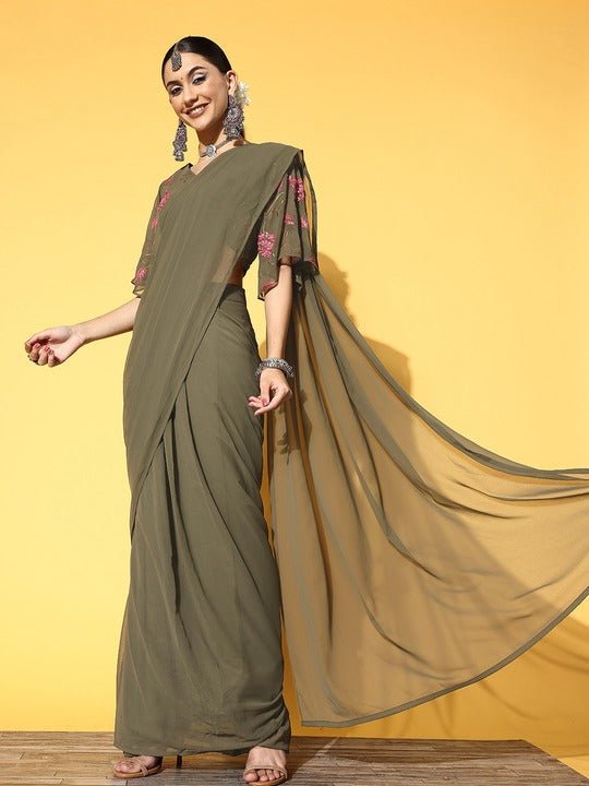 Women Mehndi Green Skirt Drape Saree with Embroidered Blouse Piece - Inddus.com