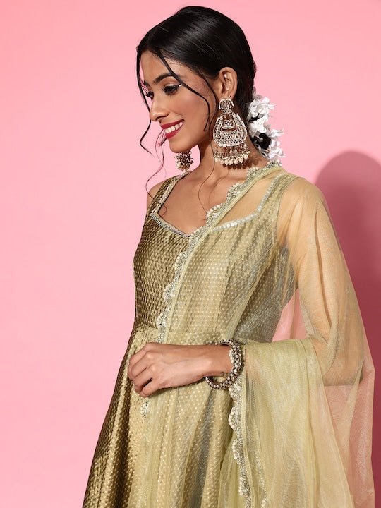 Women Metallic Beige Woven Design Kurta with Dupatta - Inddus.com