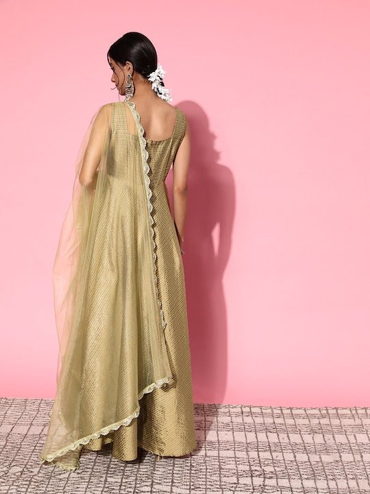 Women Metallic Beige Woven Design Kurta with Dupatta - Inddus.com