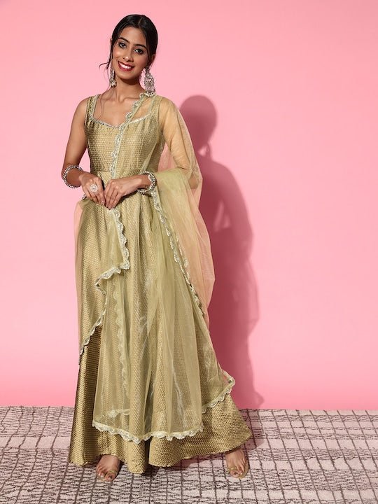 Women Metallic Beige Woven Design Kurta with Dupatta - Inddus.com