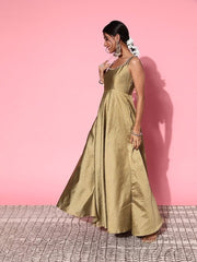 Women Metallic Beige Woven Design Kurta with Dupatta - Inddus.com