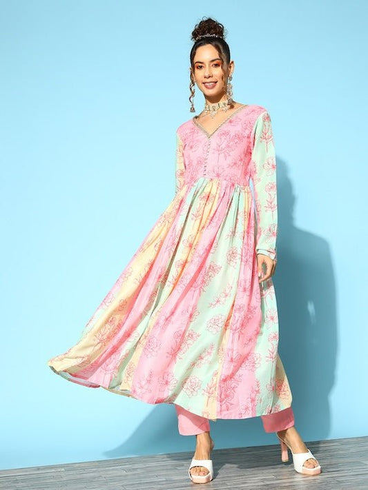 Women Multicoloured Floral Printed Pleated Kurta With Trousers - Inddus.com