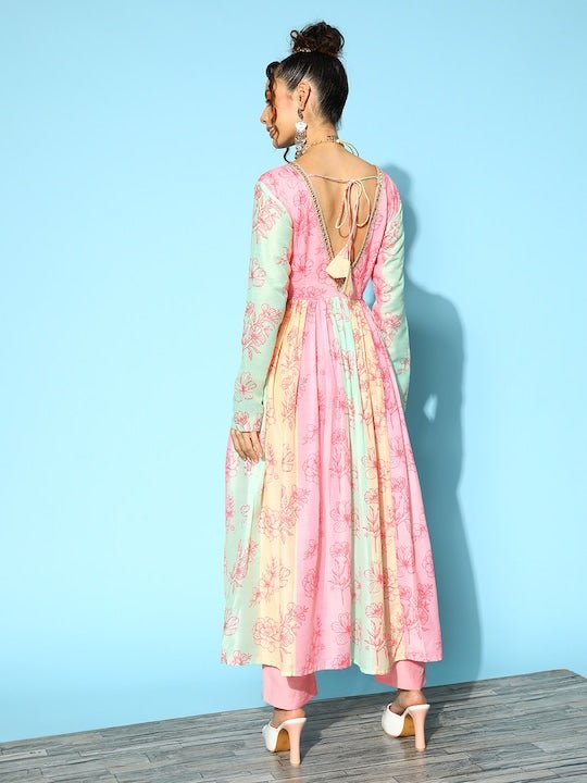 Women Multicoloured Floral Printed Pleated Kurta With Trousers - Inddus.com