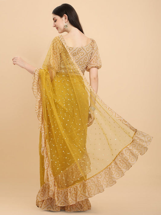 Women Mustard Yellow Embroidered Bandhani Ruffle Saree with Blouse Piece - Inddus.com