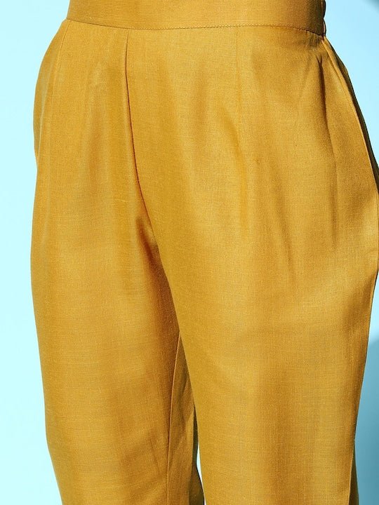 Women Mustard Yellow Embroidered Kaftan Kurta with Trousers - Inddus.com