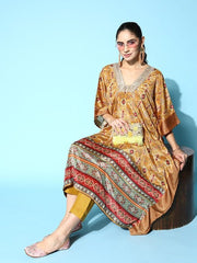 Women Mustard Yellow Embroidered Kaftan Kurta with Trousers - Inddus.com