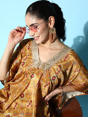 Women Mustard Yellow Embroidered Kaftan Kurta with Trousers - Inddus.com