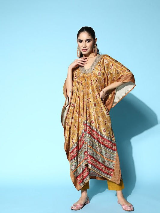 Women Mustard Yellow Embroidered Kaftan Kurta with Trousers - Inddus.com