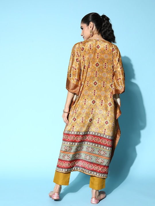 Women Mustard Yellow Embroidered Kaftan Kurta with Trousers - Inddus.com