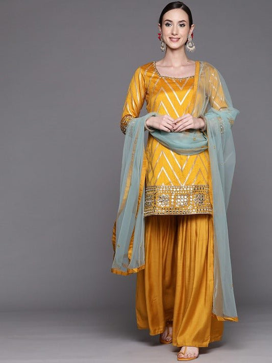 Women Mustard Yellow Mirror Work Kurta with Sharara & With Dupatta - Inddus.com