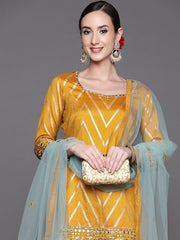 Women Mustard Yellow Mirror Work Kurta with Sharara & With Dupatta - Inddus.com