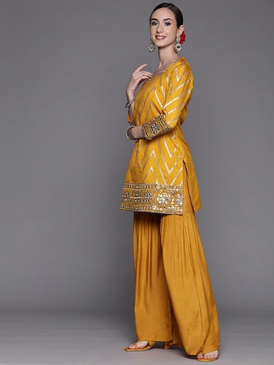 Women Mustard Yellow Mirror Work Kurta with Sharara & With Dupatta - Inddus.com