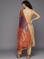 Women Mustard Yellow Yoke Design Mirror Work Chanderi Cotton Kurta with Trousers & With Dupatta - Inddus.com