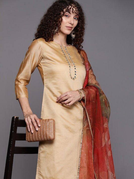 Women Mustard Yellow Yoke Design Mirror Work Chanderi Cotton Kurta with Trousers & With Dupatta - Inddus.com