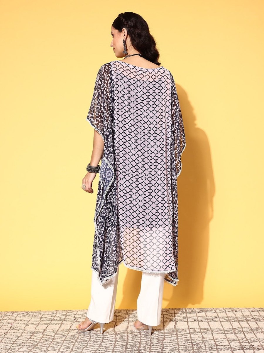 Women Navy Blue Chiffon New Age Kaftan Kurta - Inddus.com