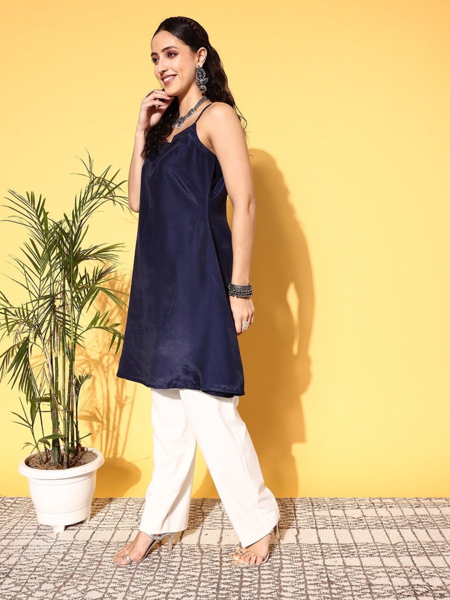 Women Navy Blue Chiffon New Age Kaftan Kurta - Inddus.com