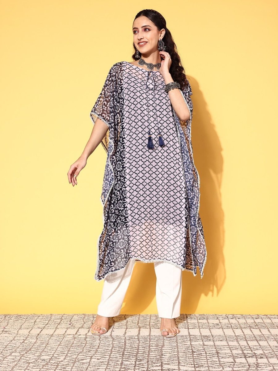 Women Navy Blue Chiffon New Age Kaftan Kurta - Inddus.com