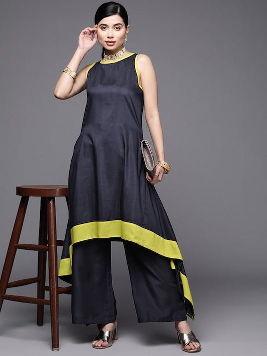 Women Navy Blue Colourblocked Kurta with Palazzos - Inddus.com