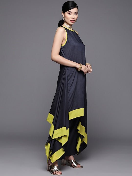 Women Navy Blue Colourblocked Kurta with Palazzos - Inddus.com