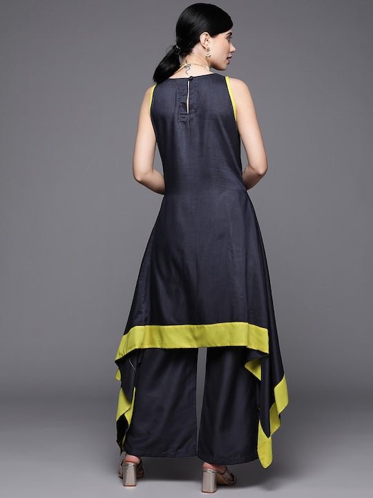 Women Navy Blue Colourblocked Kurta with Palazzos - Inddus.com