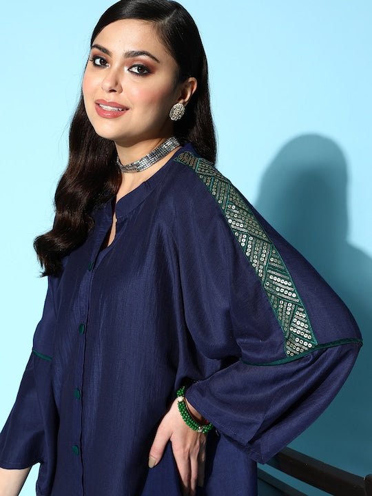 Women Navy Blue Embroidered Flared Sleeves Mandarin Collar Sequinned Kurta Set - Inddus.com