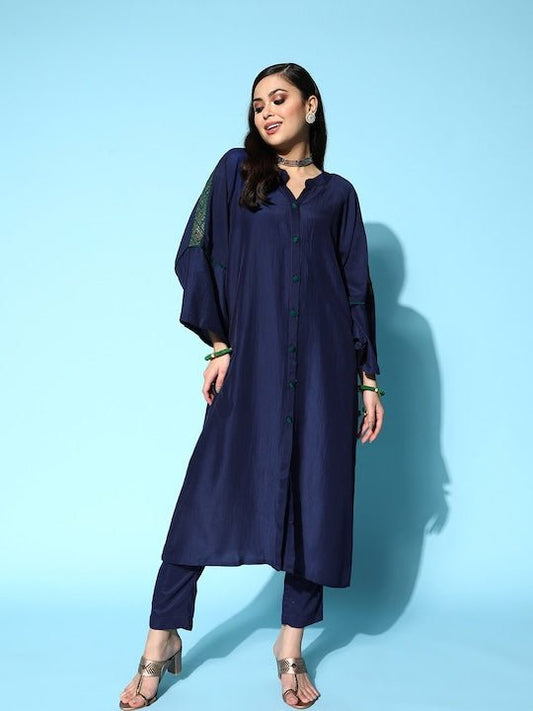 Women Navy Blue Embroidered Flared Sleeves Mandarin Collar Sequinned Kurta Set - Inddus.com