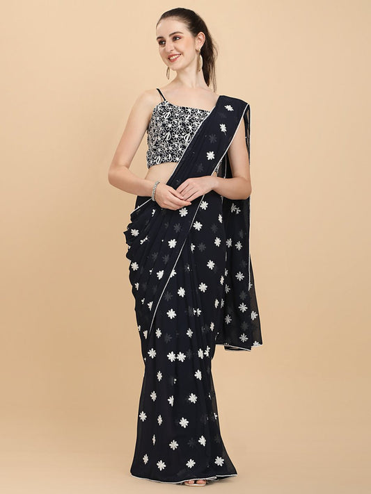 Women Navy Blue Embroidered Georgette Saree with Blouse Piece - Inddus.com