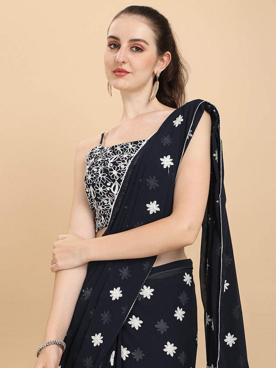 Women Navy Blue Embroidered Georgette Saree with Blouse Piece - Inddus.com