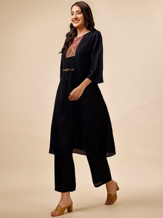 Women Navy Blue Ethnic Motifs Yoke Design Regular Thread Work Kurta with Trousers - Inddus.com