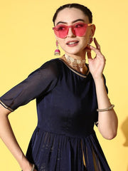 Women Navy Blue Floral High Slit Kurta with Trousers - Inddus.com