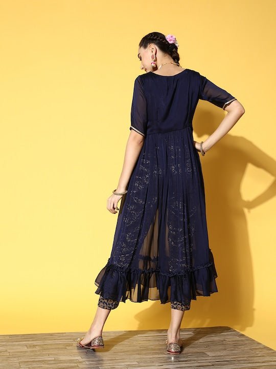 Women Navy Blue Floral High Slit Kurta with Trousers - Inddus.com