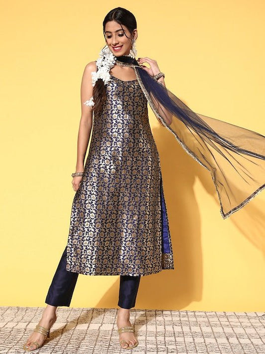 Women Navy Blue Floral Kurta with Trousers & With Dupatta - Inddus.com