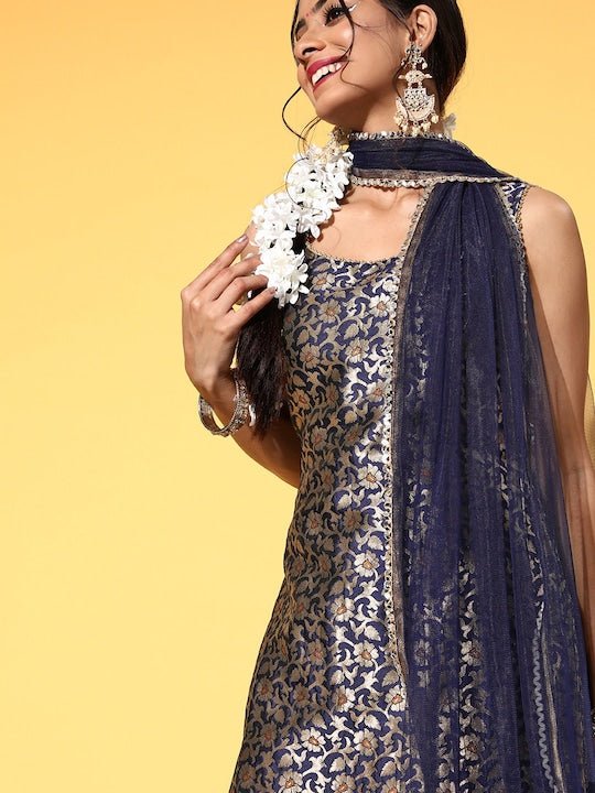 Women Navy Blue Floral Kurta with Trousers & With Dupatta - Inddus.com