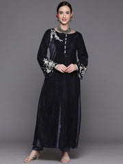 Women Navy Blue Floral Thread Work Velvet Kurta with Trousers - Inddus.com