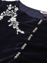 Women Navy Blue Floral Thread Work Velvet Kurta with Trousers - Inddus.com