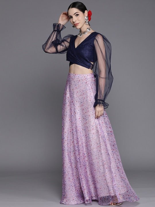 Women Navy Blue & Lavender Floral Printed Co-Ord Set - Inddus.com