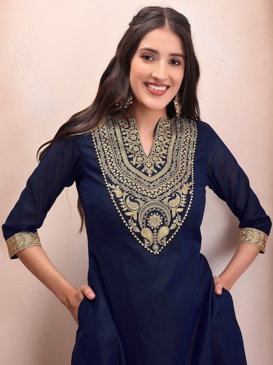 Women Navy Blue Paisley Yoke Design Regular Chanderi Cotton Kurta with Trousers - Inddus.com