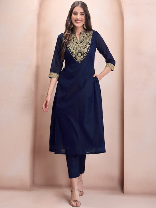 Women Navy Blue Paisley Yoke Design Regular Chanderi Cotton Kurta with Trousers - Inddus.com