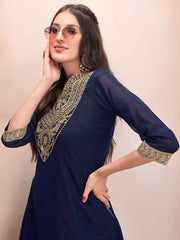 Women Navy Blue Paisley Yoke Design Regular Chanderi Cotton Kurta with Trousers - Inddus.com