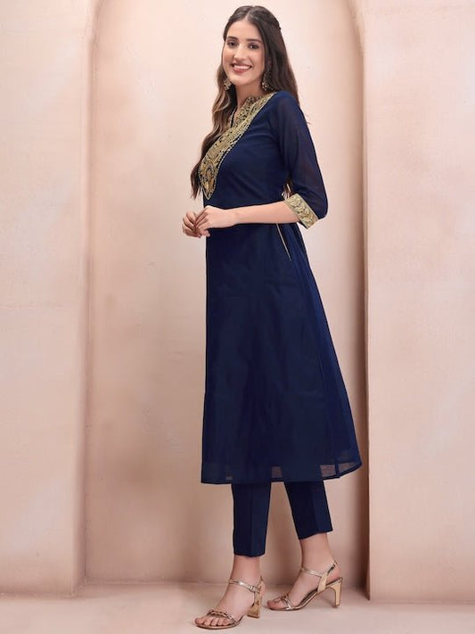 Women Navy Blue Paisley Yoke Design Regular Chanderi Cotton Kurta with Trousers - Inddus.com