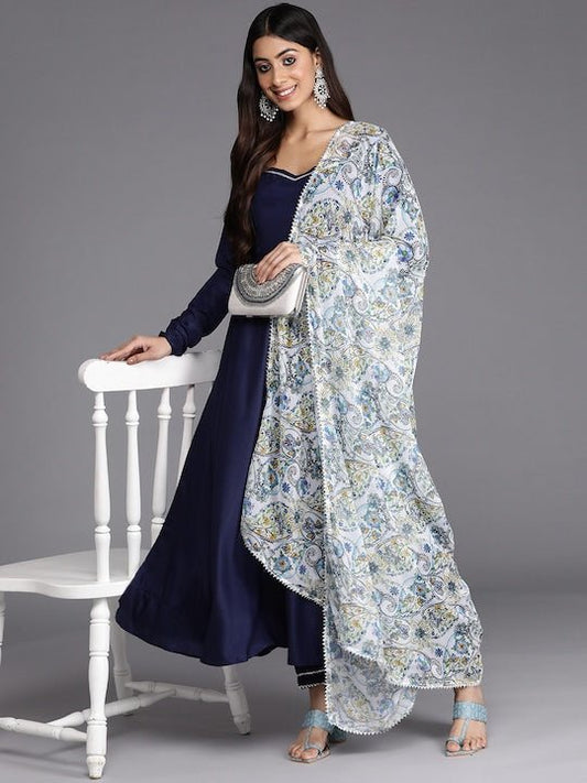 Women Navy Blue Printed Pleated Gotta Patti Kurta with Trousers & With Dupatta - Inddus.com