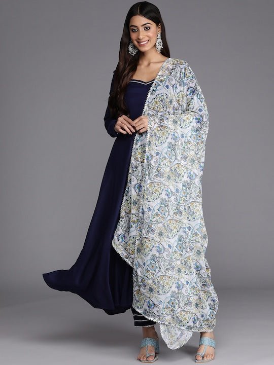 Women Navy Blue Printed Pleated Gotta Patti Kurta with Trousers & With Dupatta - Inddus.com