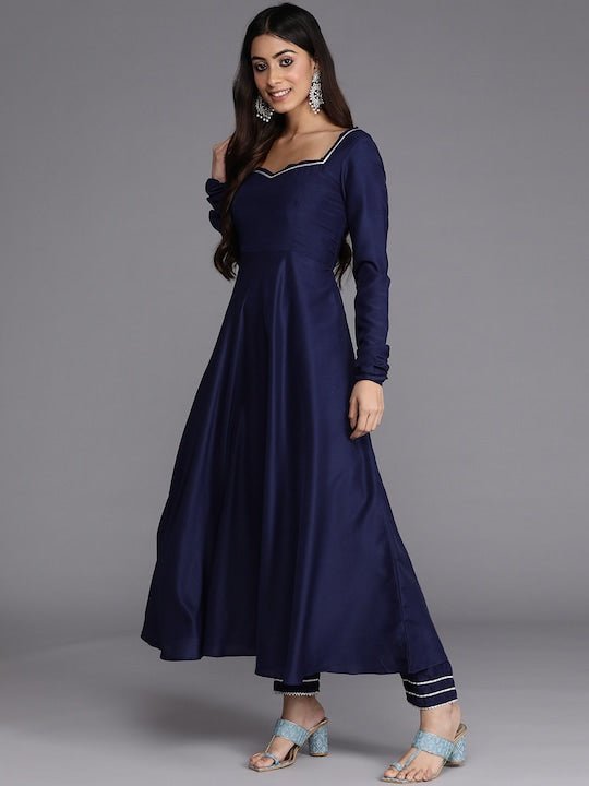 Women Navy Blue Printed Pleated Gotta Patti Kurta with Trousers & With Dupatta - Inddus.com