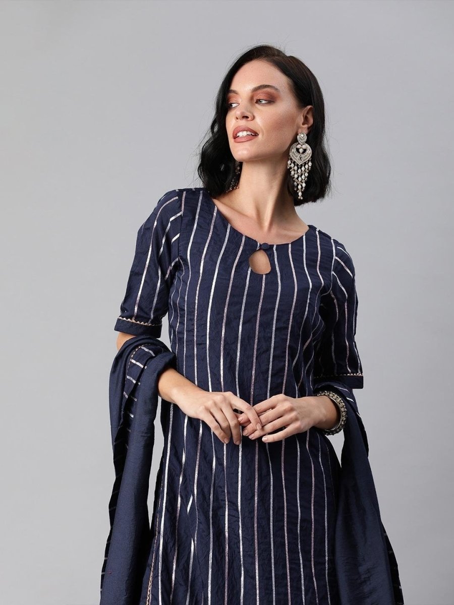 Women Navy Blue & Silver-Toned Zari Striped Straight Cut Suit - Inddus.com