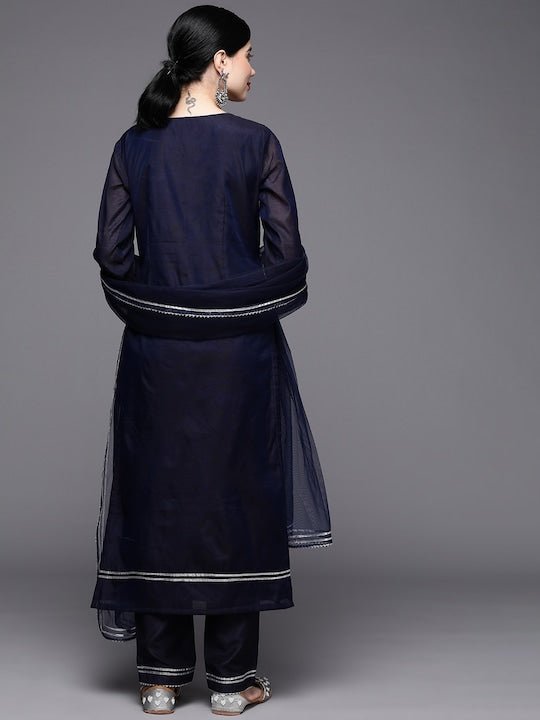 Women Navy Blue & Yellow Yoke Design Gotta Patti Chanderi Kurta with Trousers & Dupatta - Inddus.com