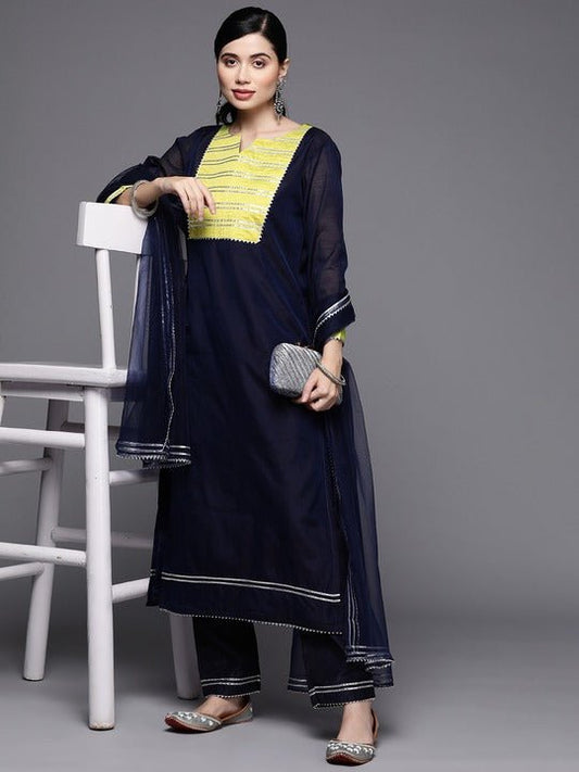 Women Navy Blue & Yellow Yoke Design Gotta Patti Chanderi Kurta with Trousers & Dupatta - Inddus.com