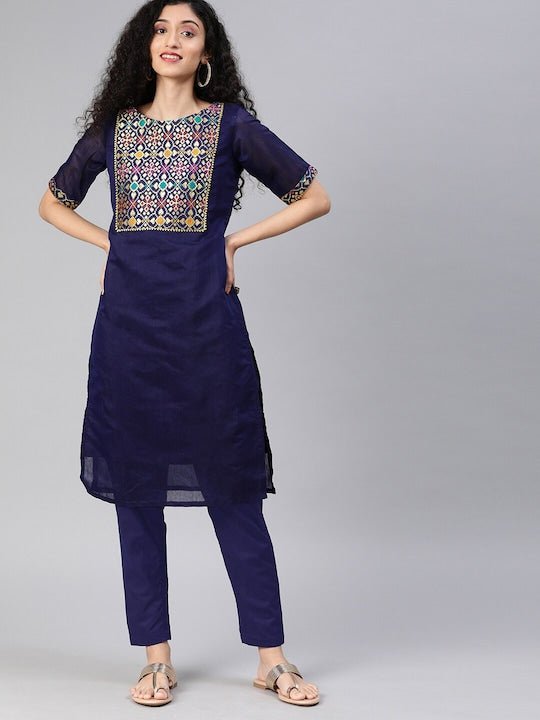 Women Navy Blue & Yellow Yoke Design Kurta with Trousers - Inddus.com